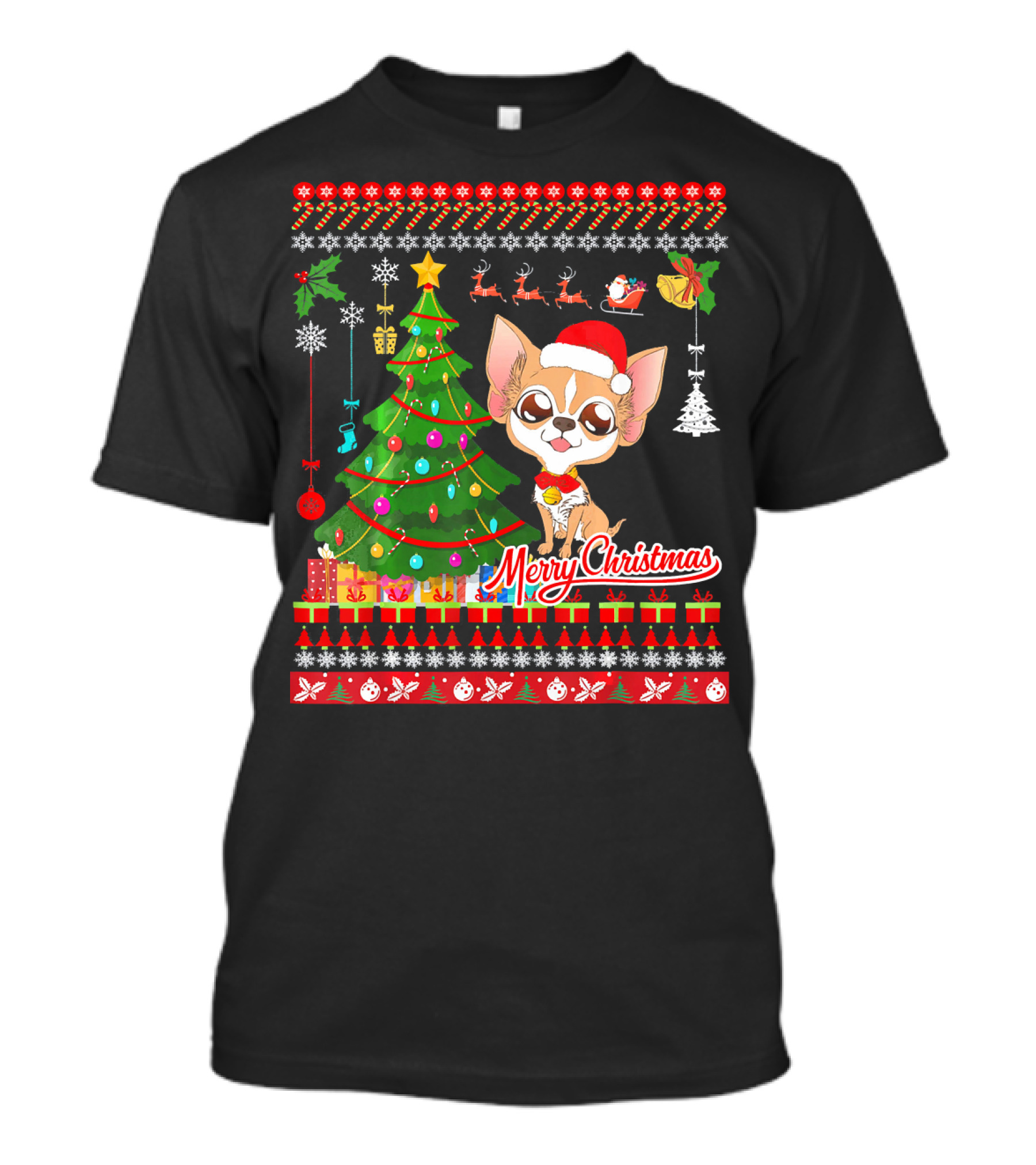 Merry Christmas Chihuahua Dog With Santa Hat And Christmas Tree T-Shirt