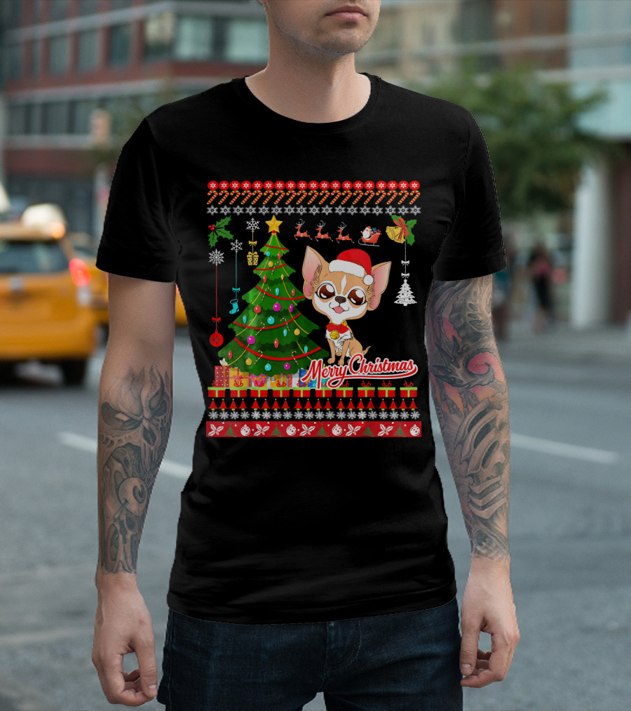 Merry Christmas Chihuahua Dog With Santa Hat And Christmas Tree T-Shirt