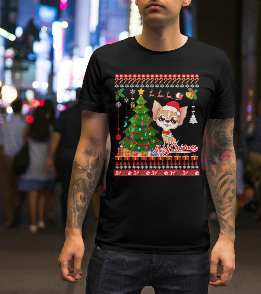 Merry Christmas Chihuahua Dog With Santa Hat And Christmas Tree T-Shirt