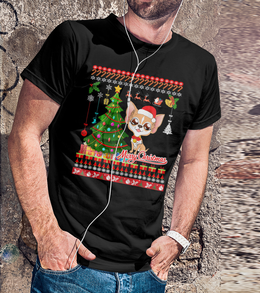 Merry Christmas Chihuahua Dog With Santa Hat And Christmas Tree T-Shirt