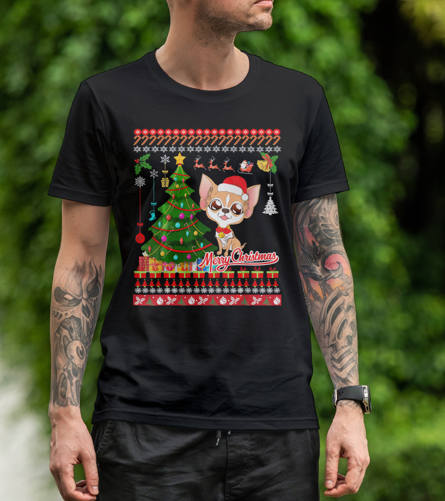 Merry Christmas Chihuahua Dog With Santa Hat And Christmas Tree T-Shirt