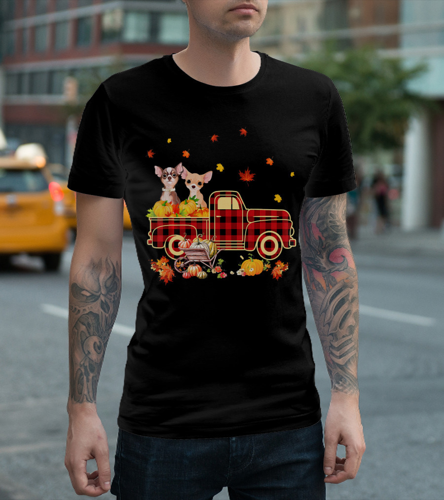 Chihuahua Pumpkin Truck with Fall Leaves and Thanks T-Shirt