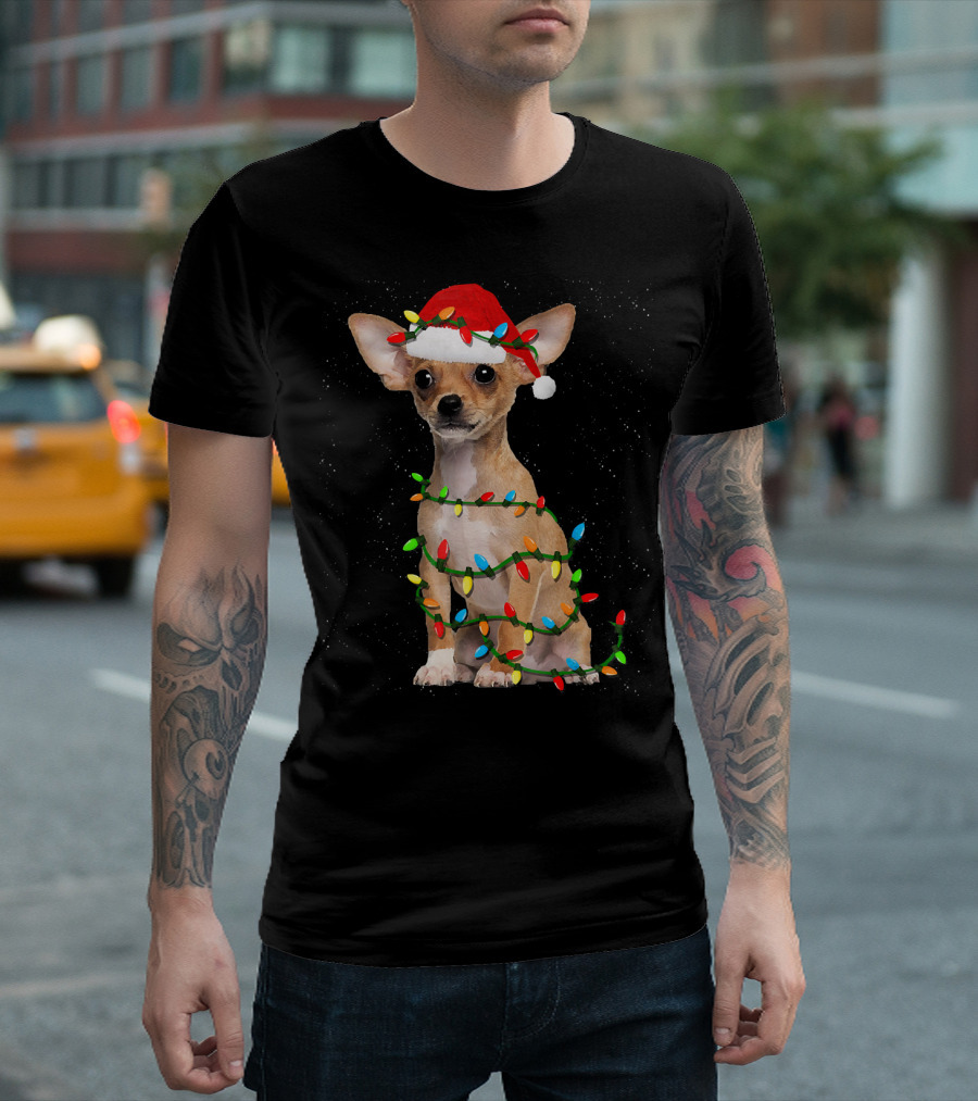Chihuahua Christmas Dog With Santa Hat And Holiday Lights T-Shirt