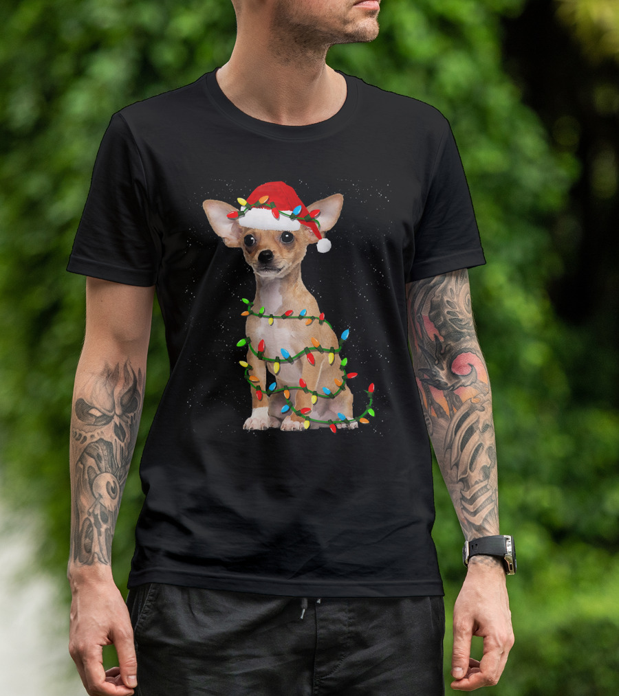 Chihuahua Christmas Dog With Santa Hat And Holiday Lights T-Shirt