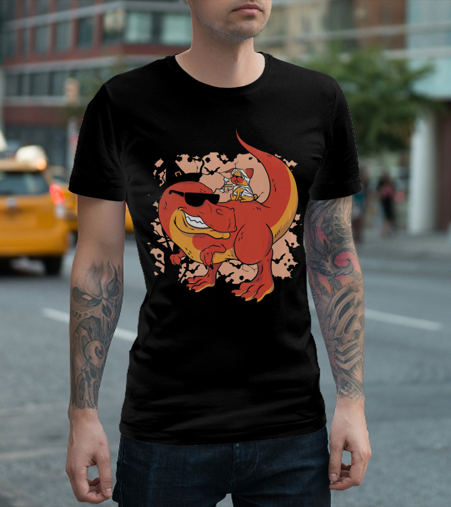 Dinosaur With Sunglasses, Witch Hat, and Mummy Candy Collector on Back T-Shirt