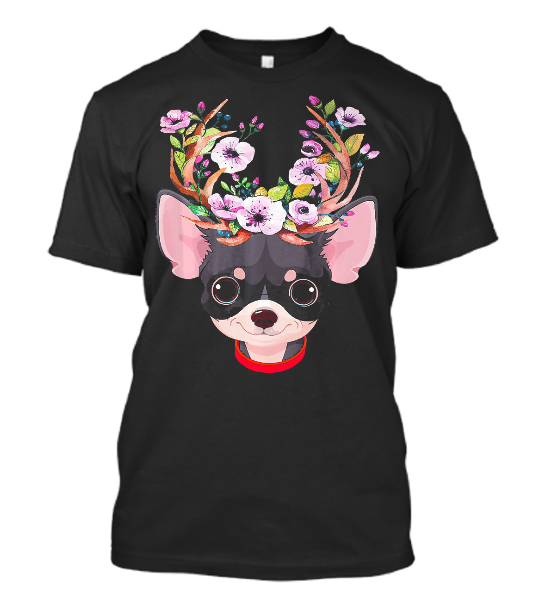 Chihuahua Dog With Antlers And Colorful Flowers T-Shirt