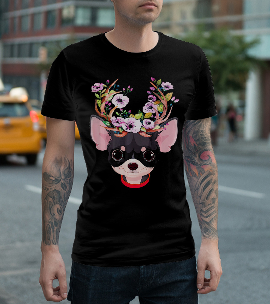 Chihuahua Dog With Antlers And Colorful Flowers T-Shirt