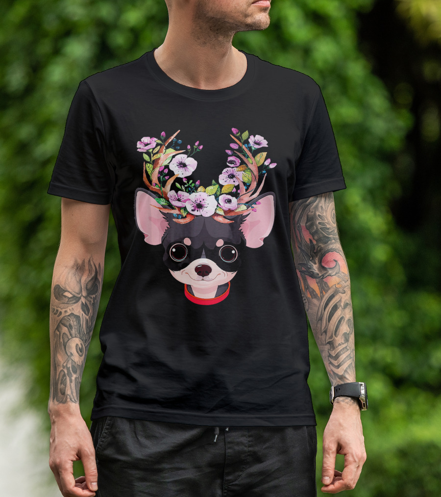Chihuahua Dog With Antlers And Colorful Flowers T-Shirt