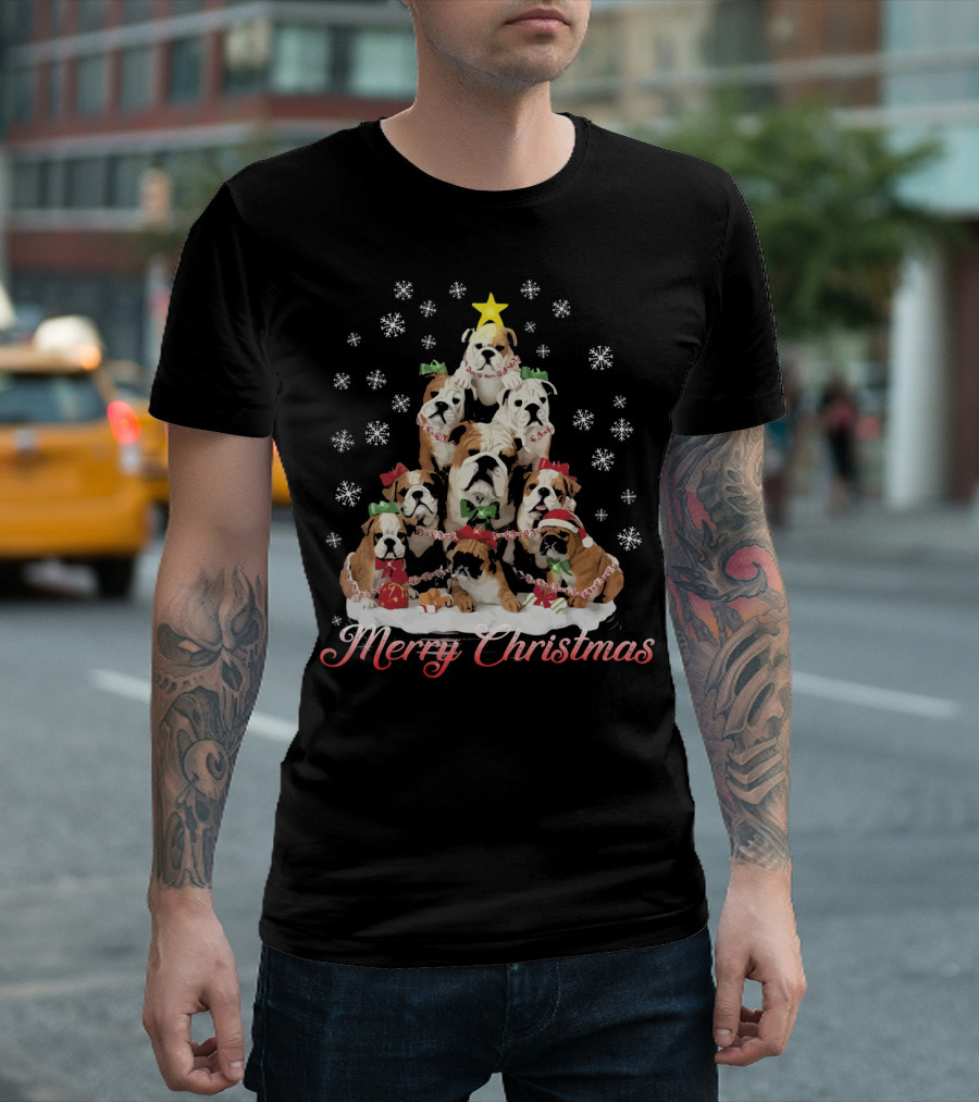 Merry Christmas English Bulldog Snowflakes Holiday Tree T-Shirt