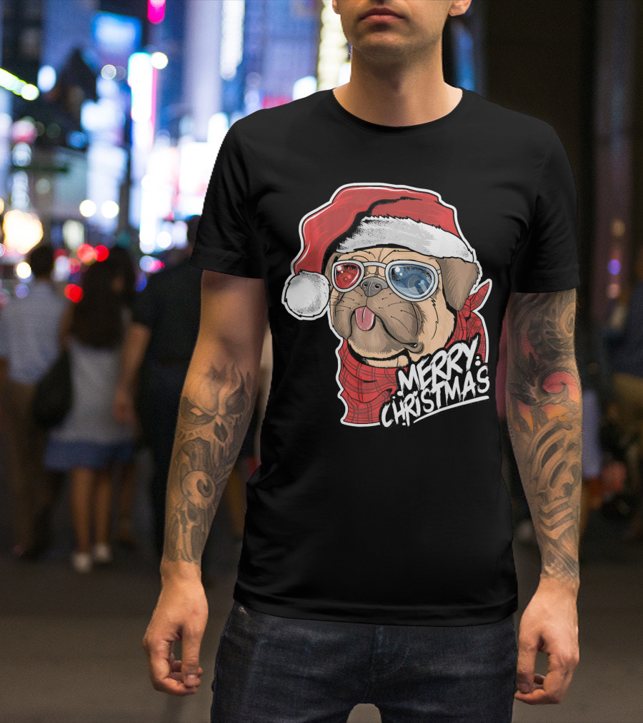 Merry Christmas Pug Dog Santa Claus With Sunglasses T-Shirt