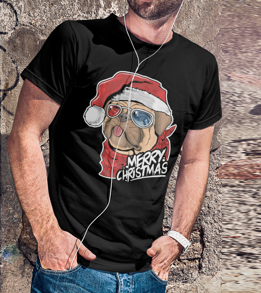 Merry Christmas Pug Dog Santa Claus With Sunglasses T-Shirt