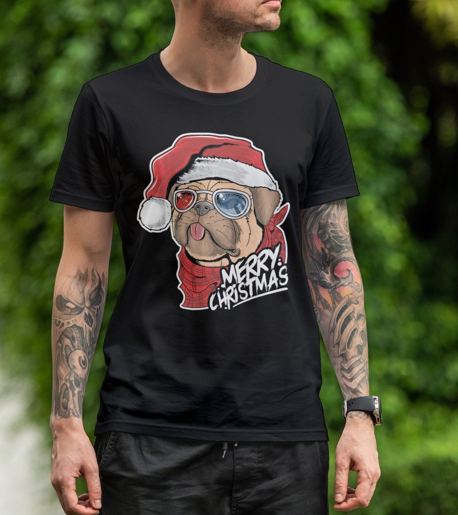 Merry Christmas Pug Dog Santa Claus With Sunglasses T-Shirt