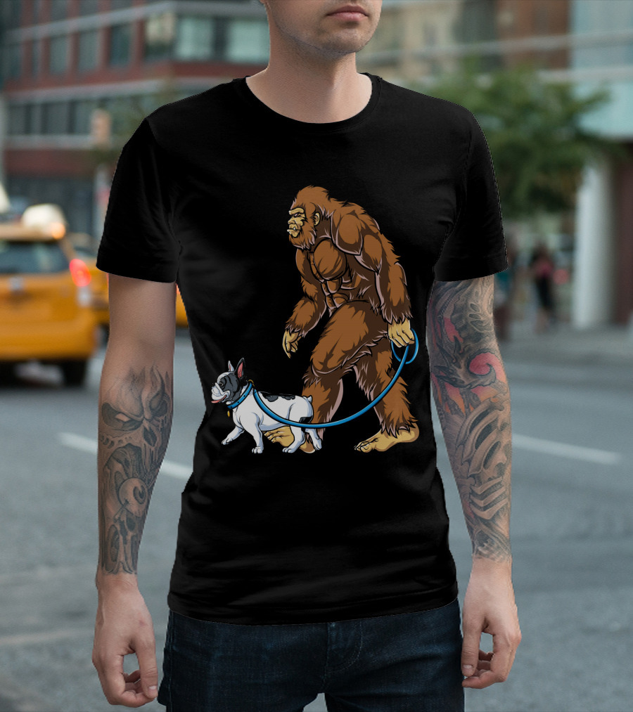 Bigfoot Walking French Bulldog on Leash T-Shirt