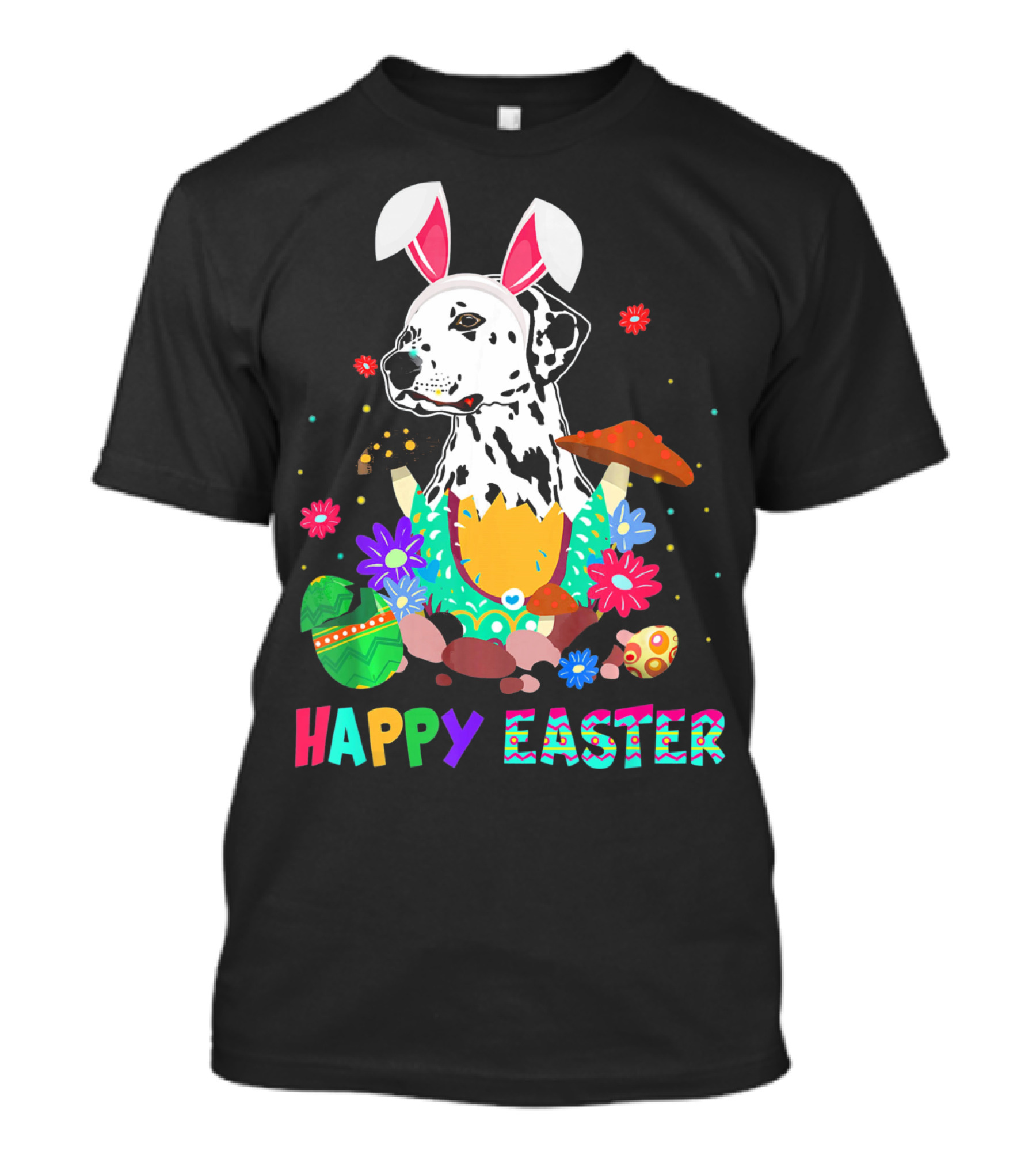 Happy Easter Bunny Dalmatian Dog With Colorful Eggs And Flowers T-Shirt