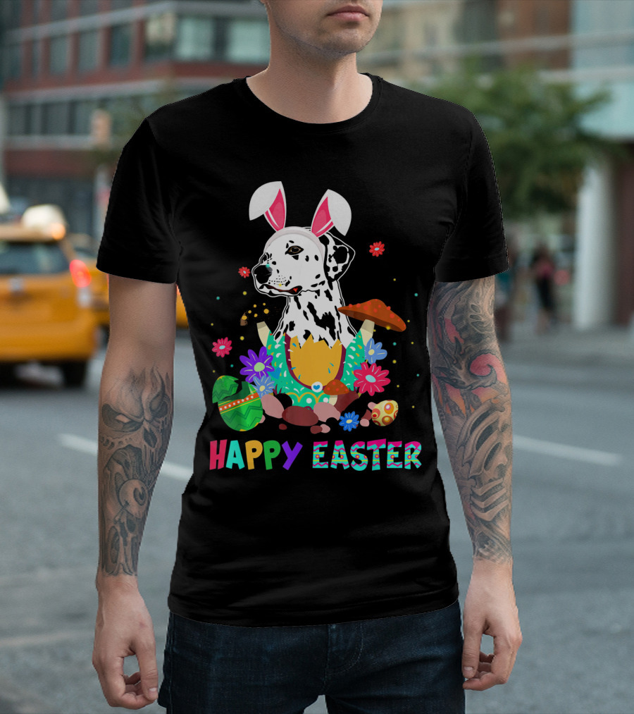 Happy Easter Bunny Dalmatian Dog With Colorful Eggs And Flowers T-Shirt