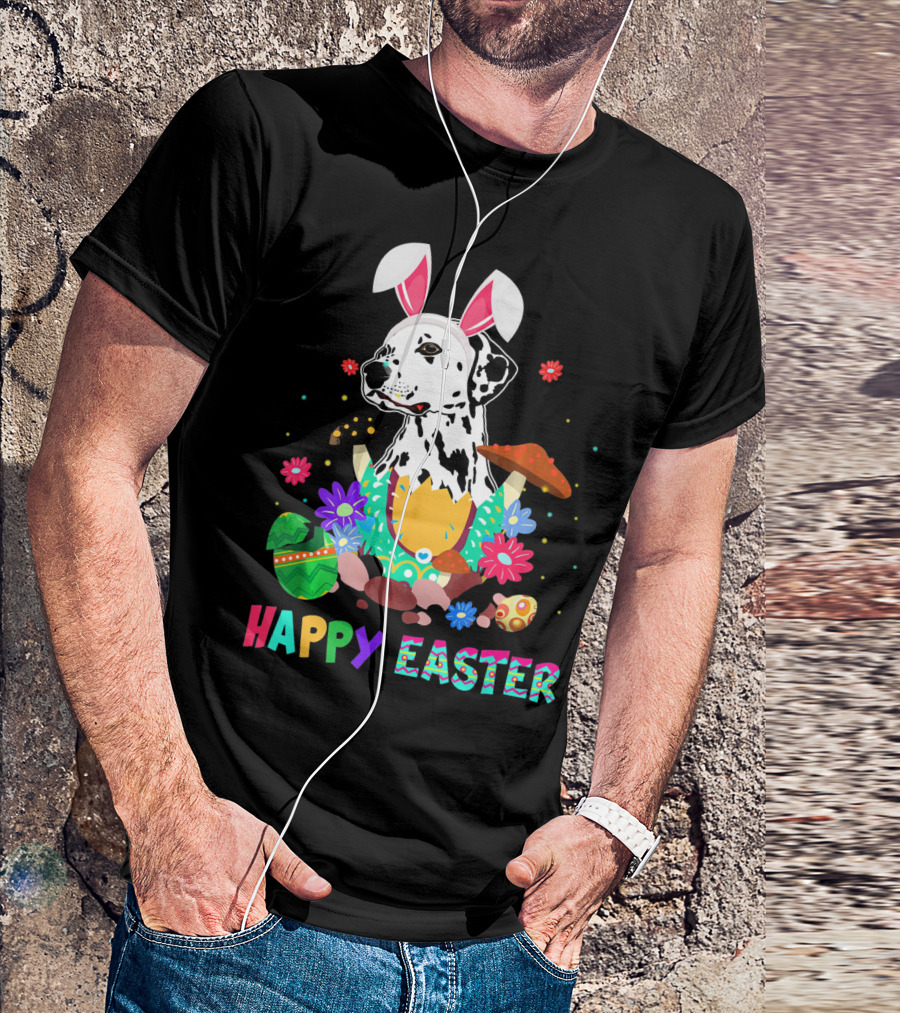Happy Easter Bunny Dalmatian Dog With Colorful Eggs And Flowers T-Shirt