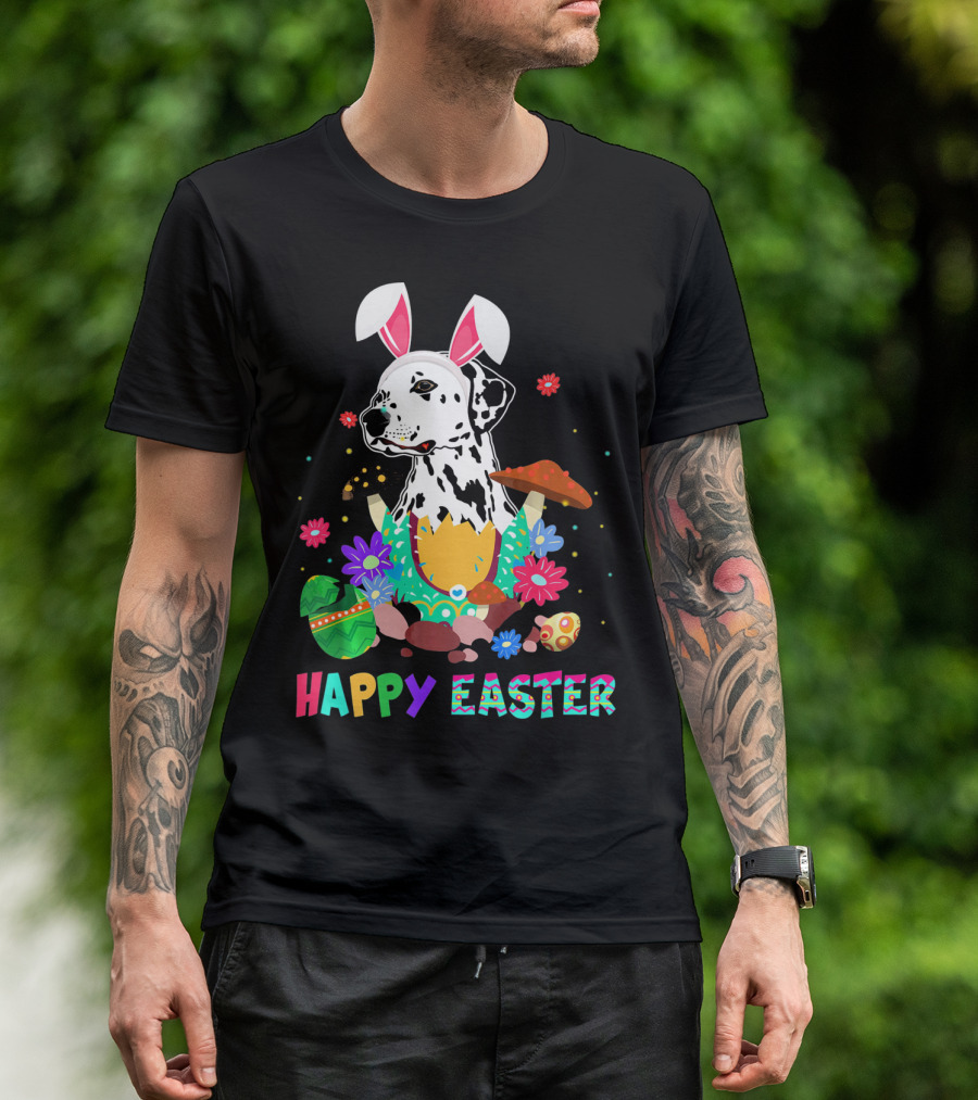 Happy Easter Bunny Dalmatian Dog With Colorful Eggs And Flowers T-Shirt