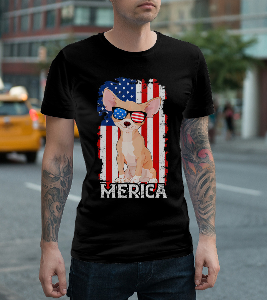Chihuahua in American Flag Sunglasses with Merica and 4th of July Colors T-Shirt