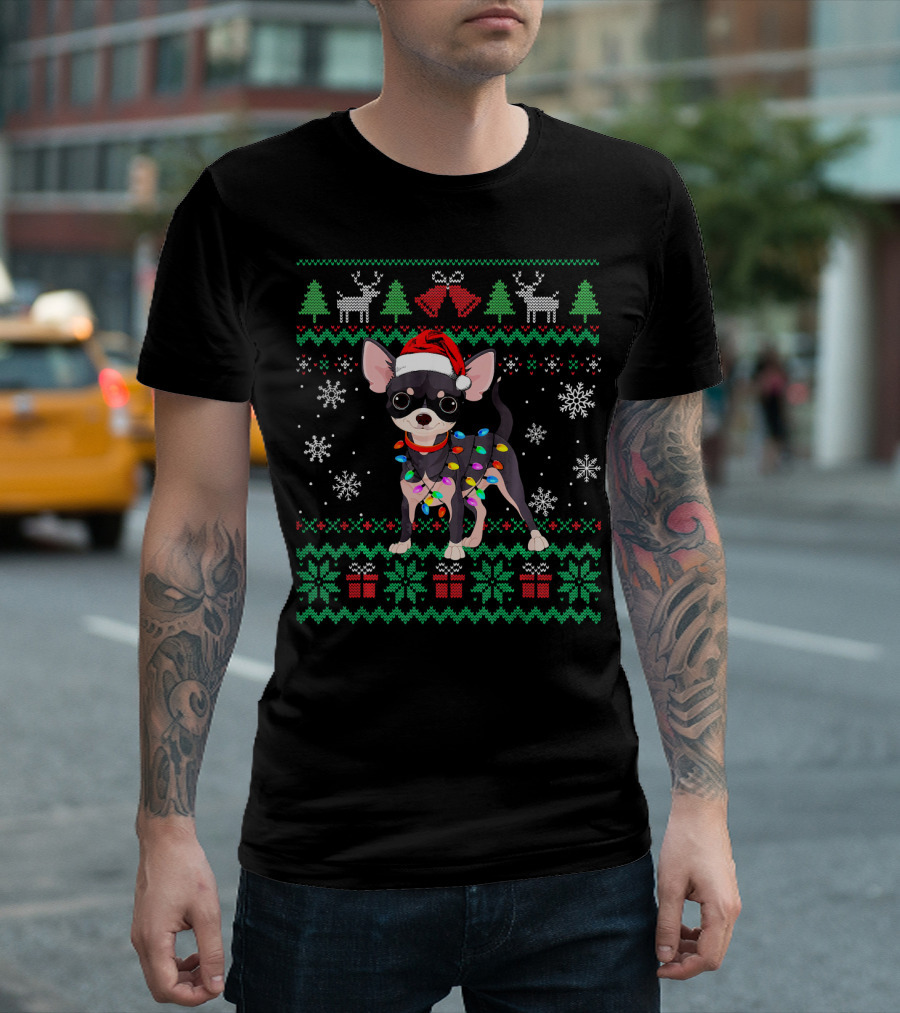 Chihuahua Dog Santa Hat Christmas Lights Snowflakes Holiday T-Shirt