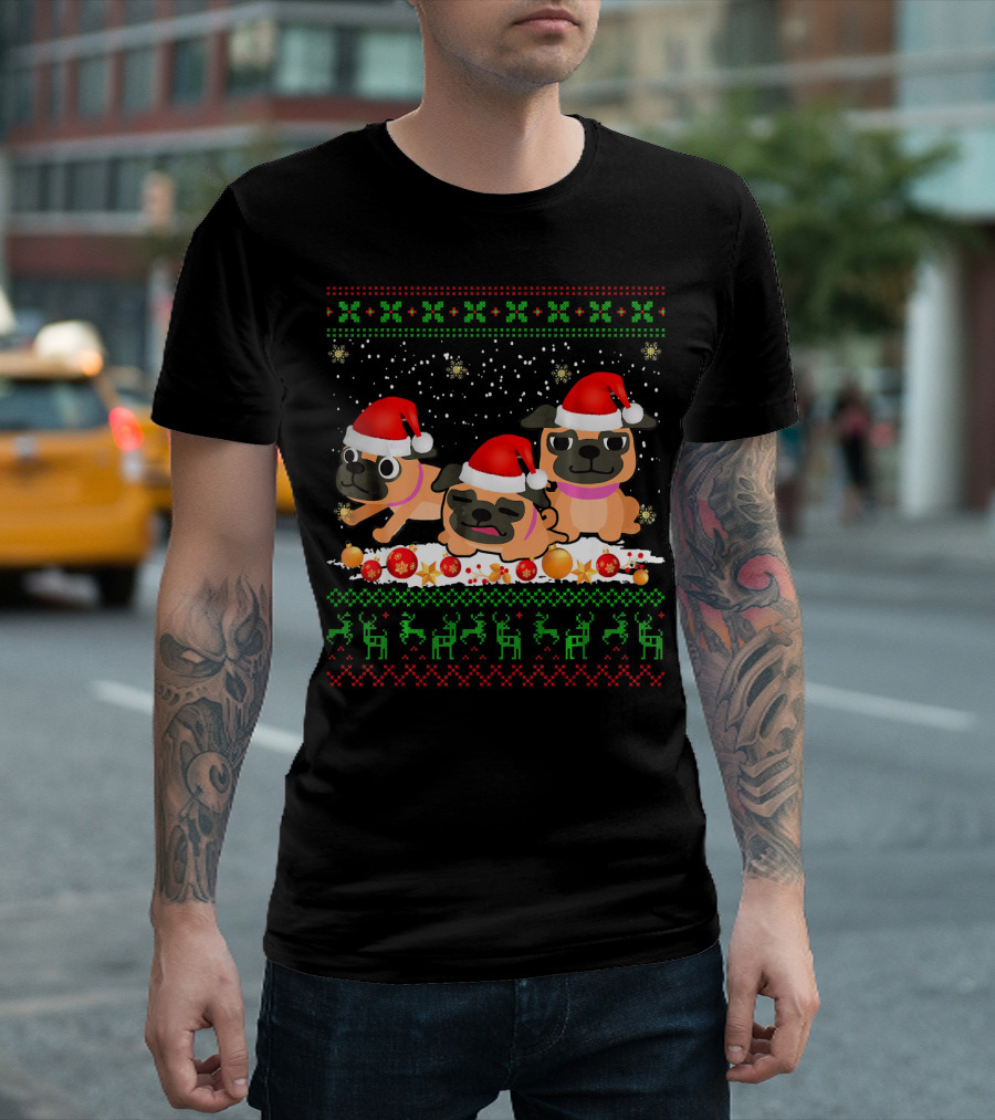 Christmas Pug Trio in Santa Hats Festive Lights and Reindeer T-Shirt