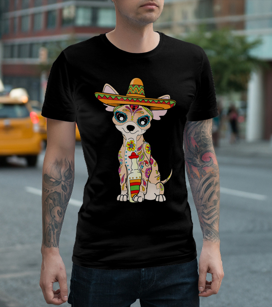 Chihuahua Sombrero Sugar Skull Mexican Dog with Colorful Decorations T-Shirt