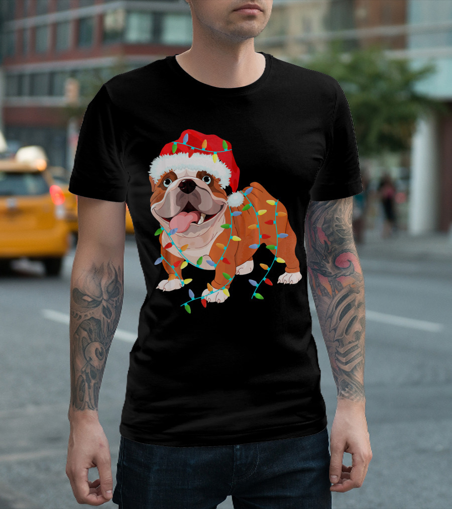 English Bulldog Christmas Lights Santa Hat Costume T-Shirt
