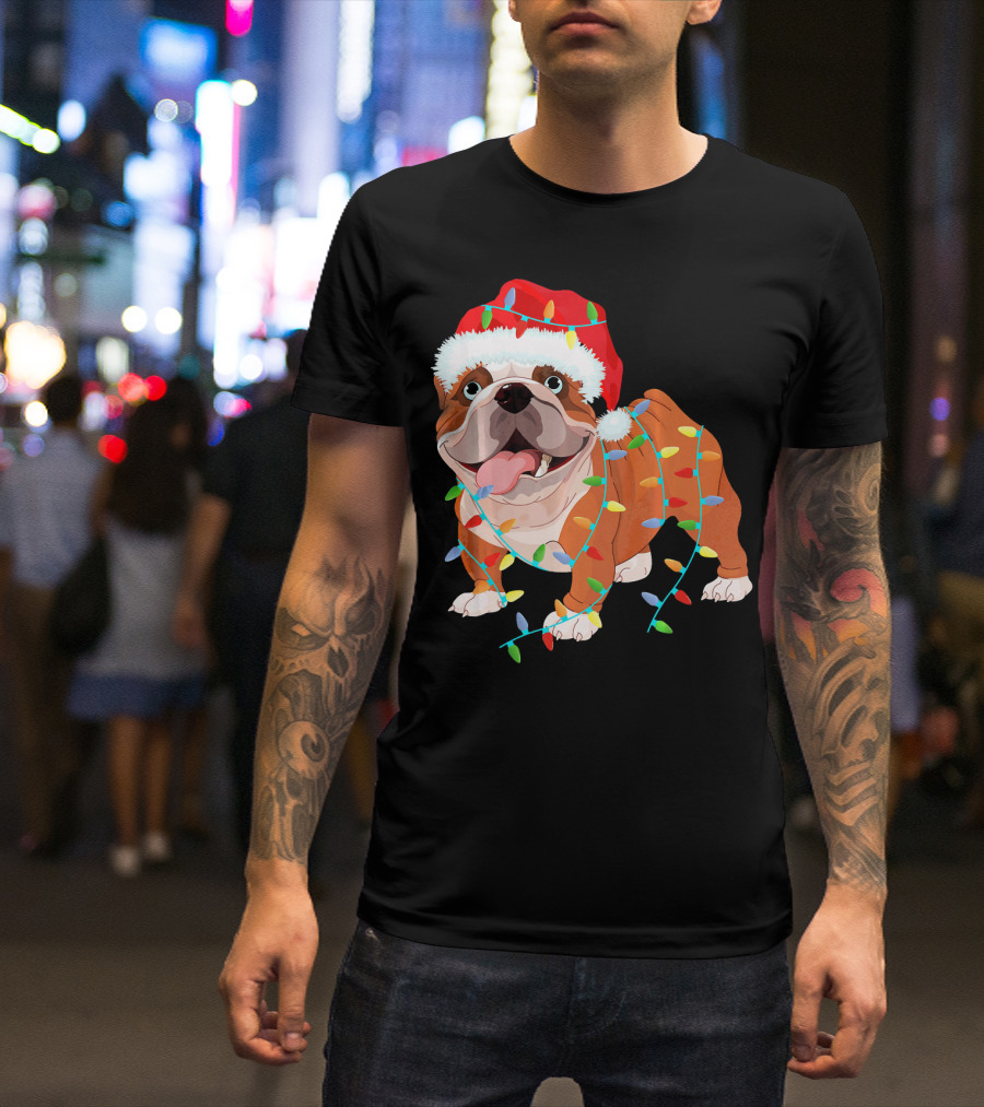 English Bulldog Christmas Lights Santa Hat Costume T-Shirt