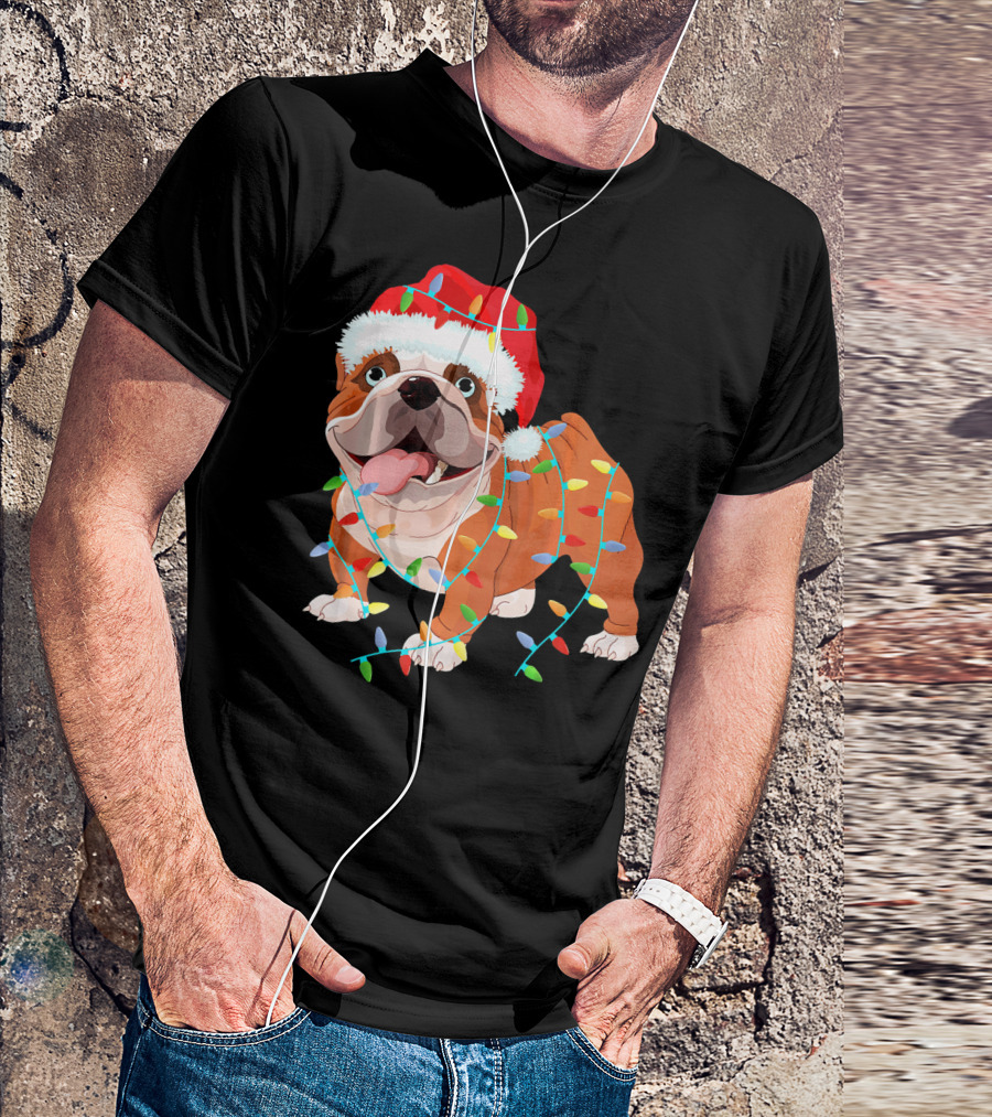 English Bulldog Christmas Lights Santa Hat Costume T-Shirt