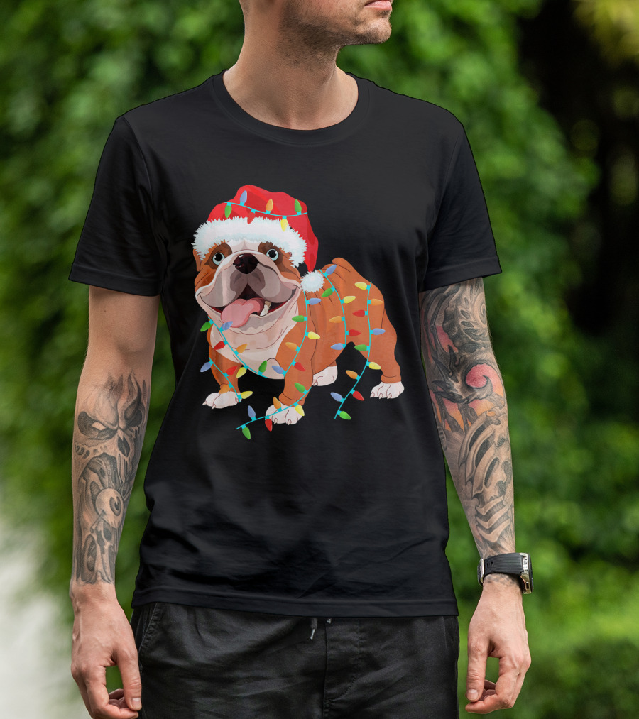 English Bulldog Christmas Lights Santa Hat Costume T-Shirt