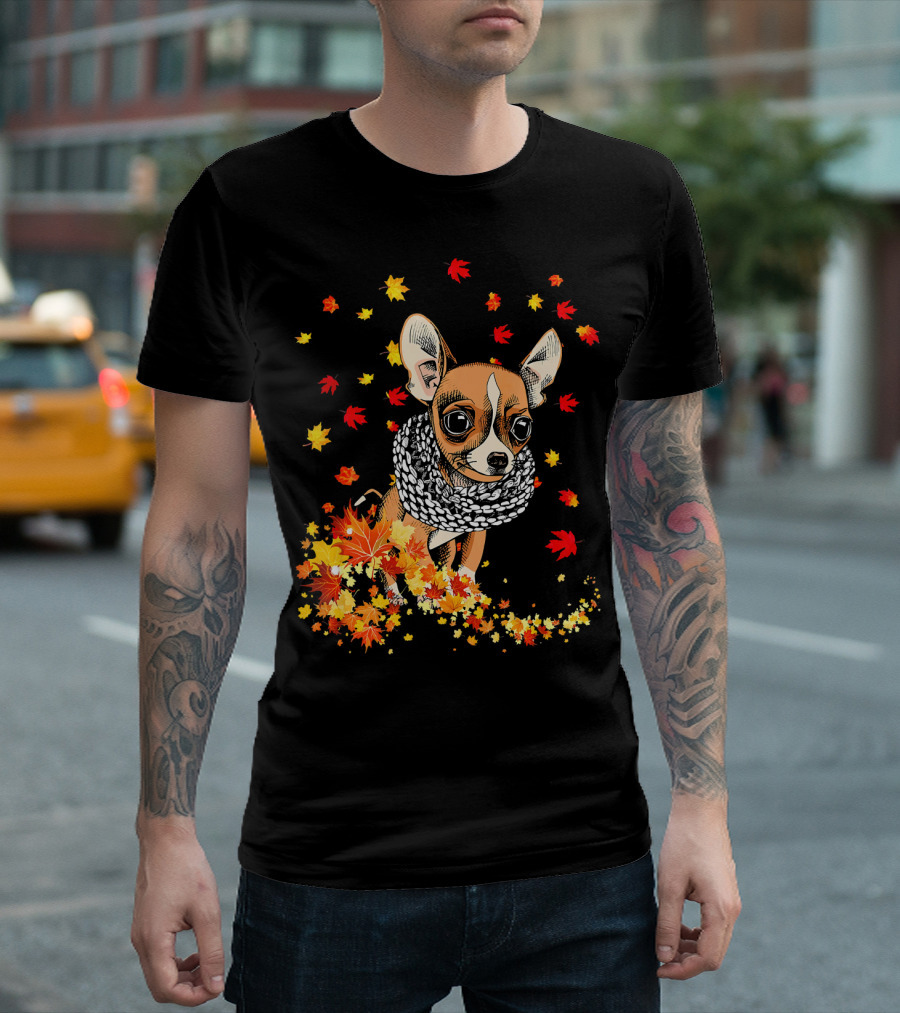 Cute Chihuahua Dog in Cozy Autumn Leaves Scarf T-Shirt