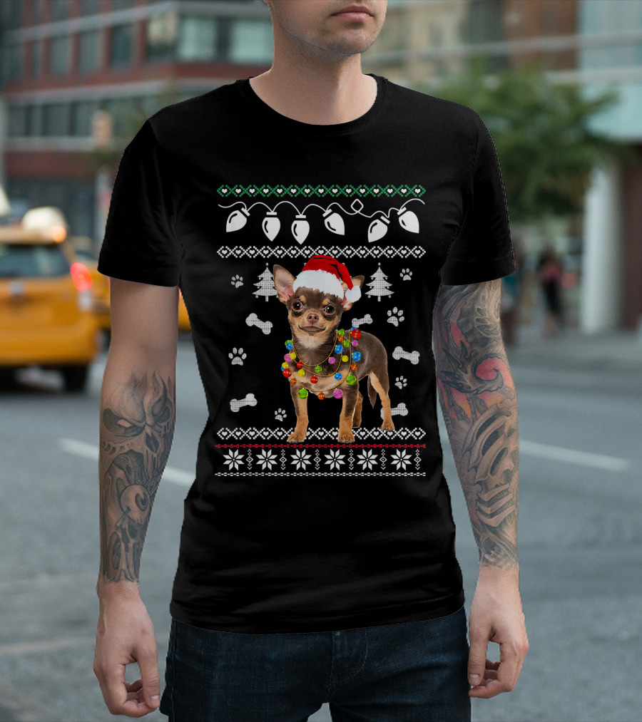 Chihuahua Christmas Lights Santa Hat Paw Prints Trees T-Shirt