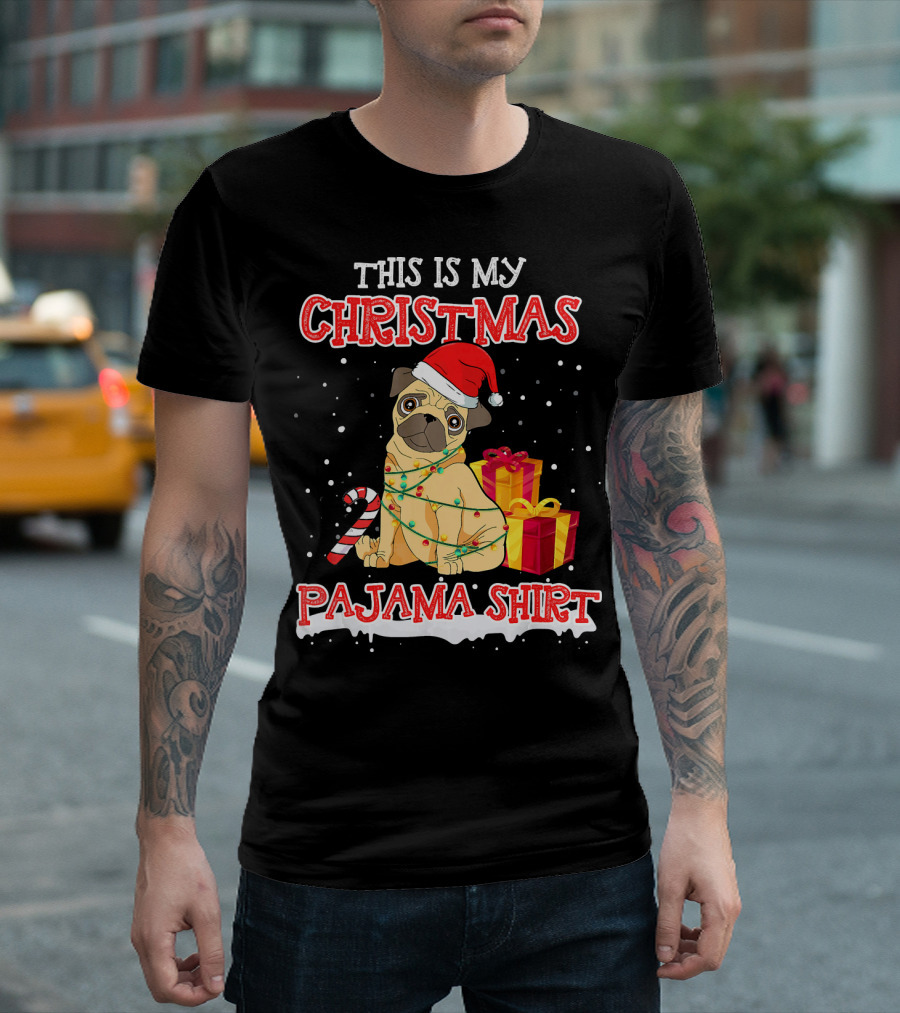 This Is My Christmas Pajama Shirt Cute Pug Wrapped In Lights With Candy Cane And Gifts T-Shirt