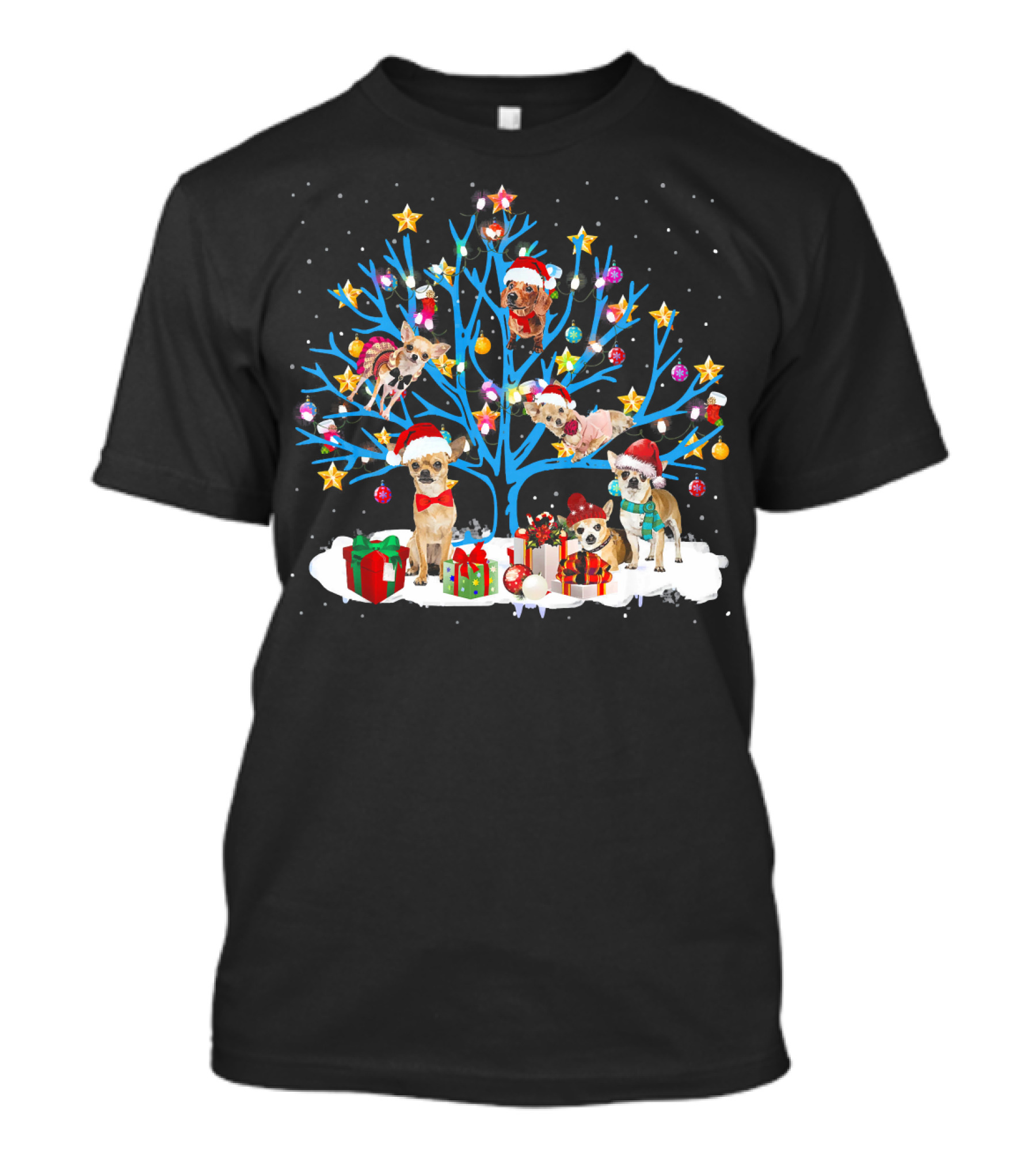 Cute Chihuahua Dog Christmas Tree With Santa Hats And Presents T-Shirt