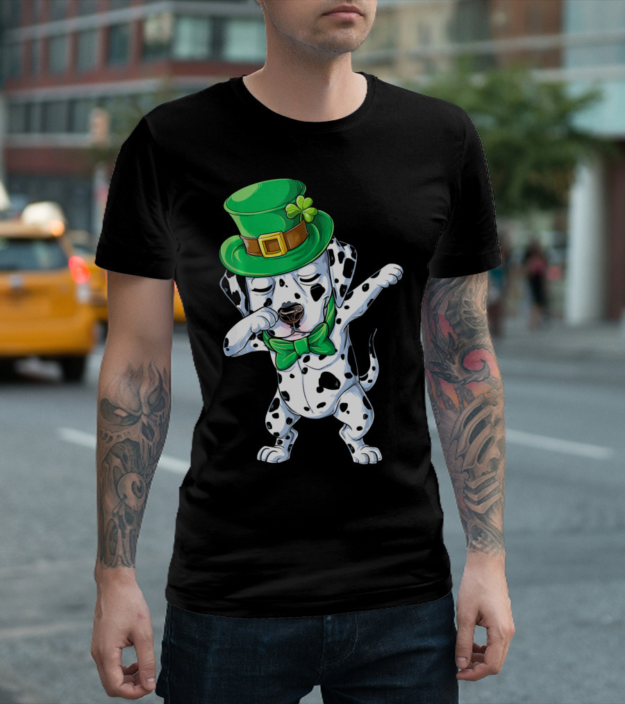 St. Patrick's Day Dabbing Dalmatian In Green Top Hat And Bow Tie T-Shirt