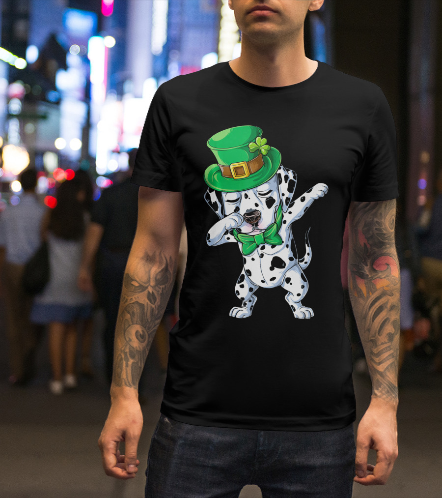 St. Patrick's Day Dabbing Dalmatian In Green Top Hat And Bow Tie T-Shirt