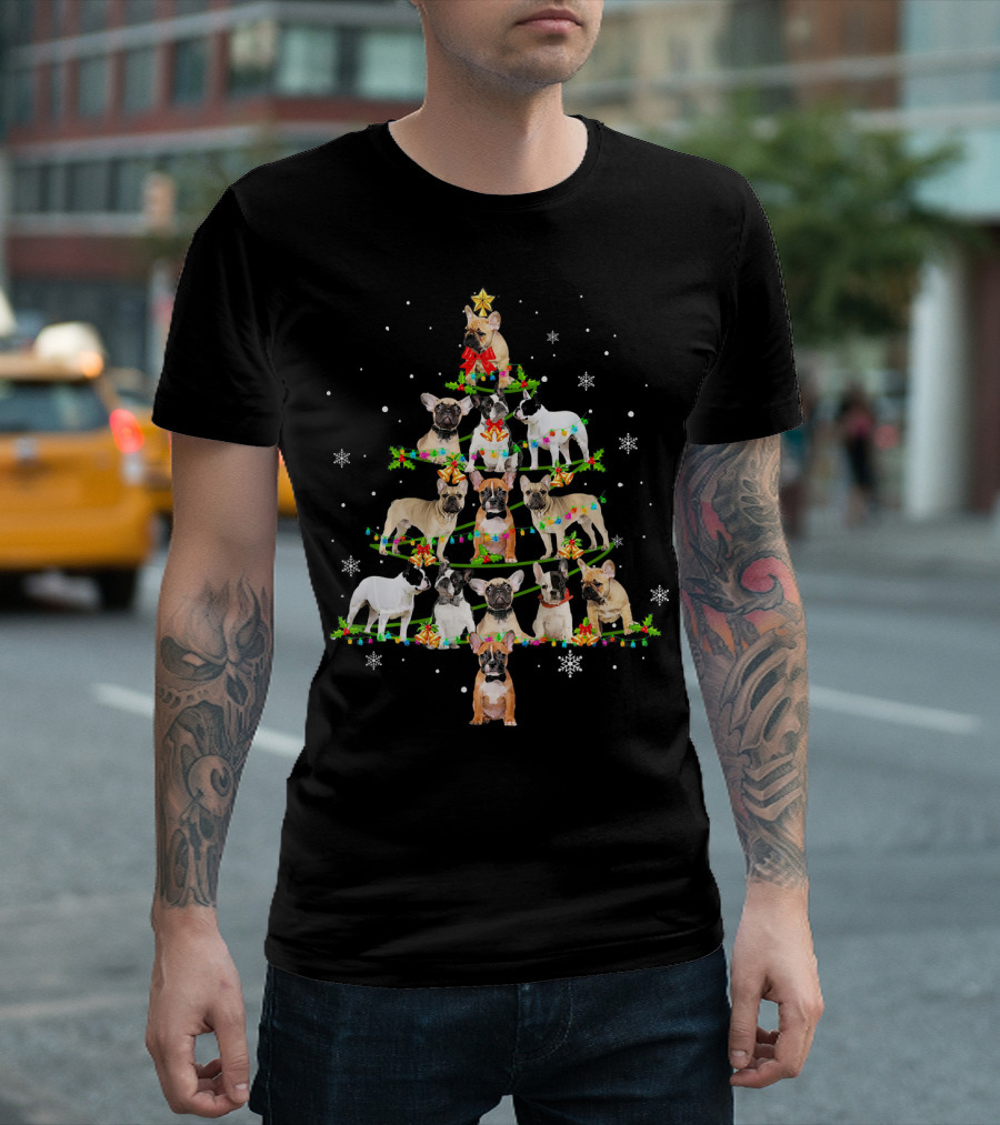 Cute French Bulldog Christmas Tree Puppies Snowflakes T-Shirt