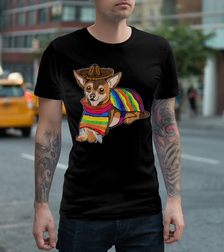 Cute Chihuahua Chiweenie in Sombrero with Mexican Poncho T-Shirt
