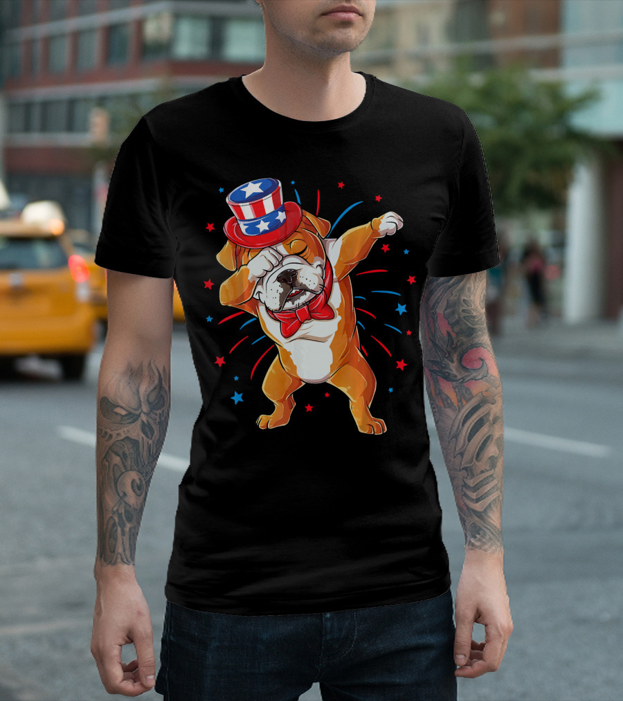Dabbing English Bulldog Uncle Sam Hat 4th Of July T-Shirt