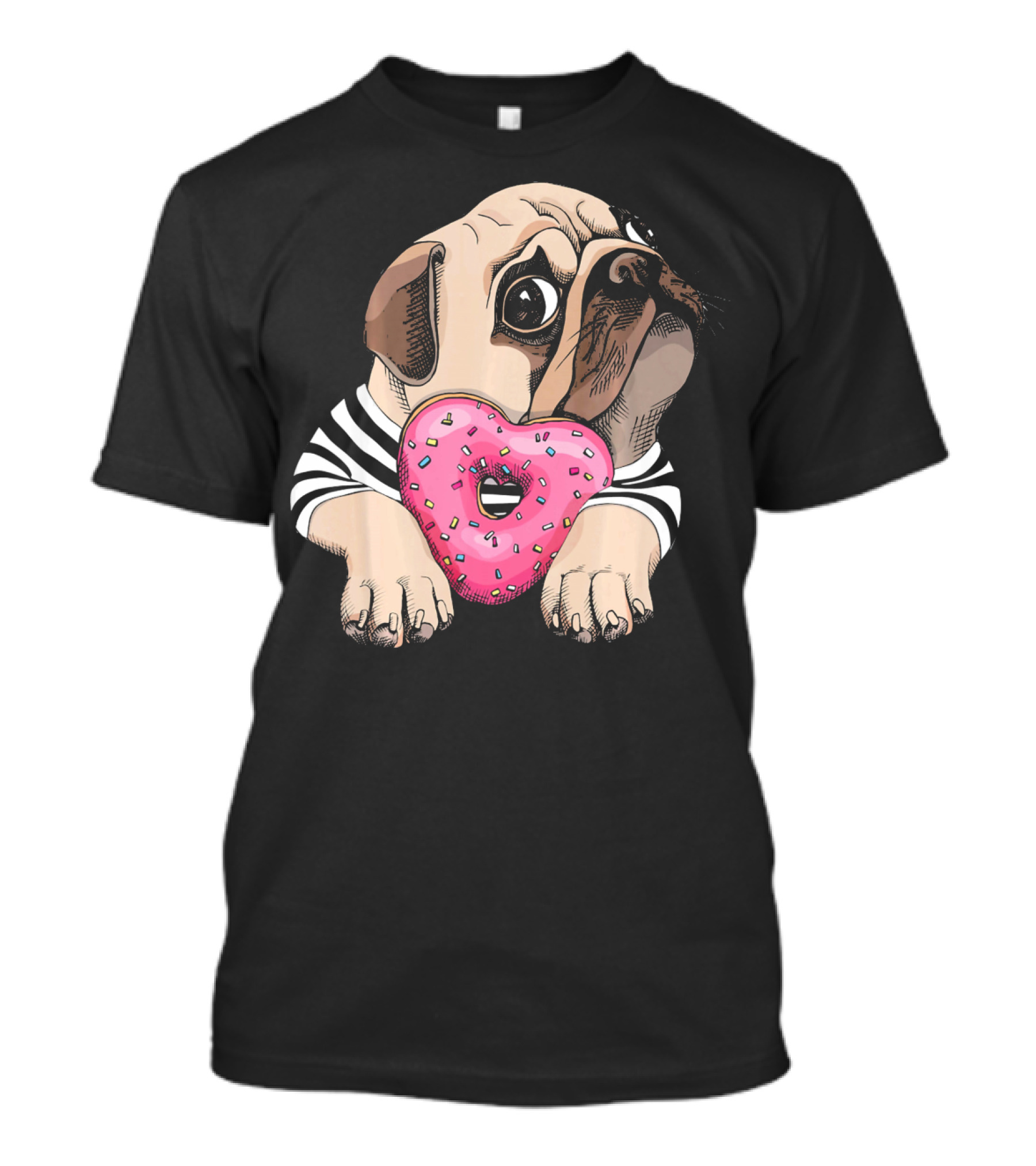 Adorable Pug With Pink Heart Donut And Striped T-Shirt