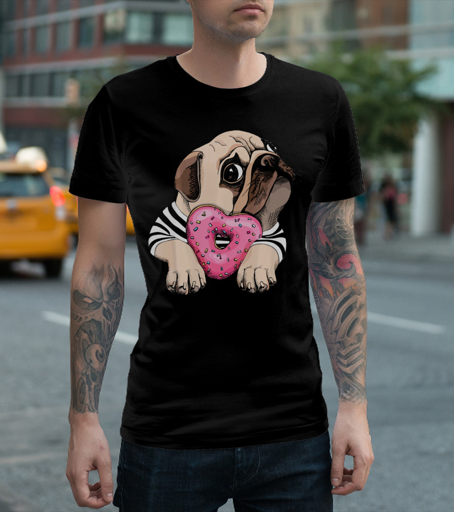 Adorable Pug With Pink Heart Donut And Striped T-Shirt
