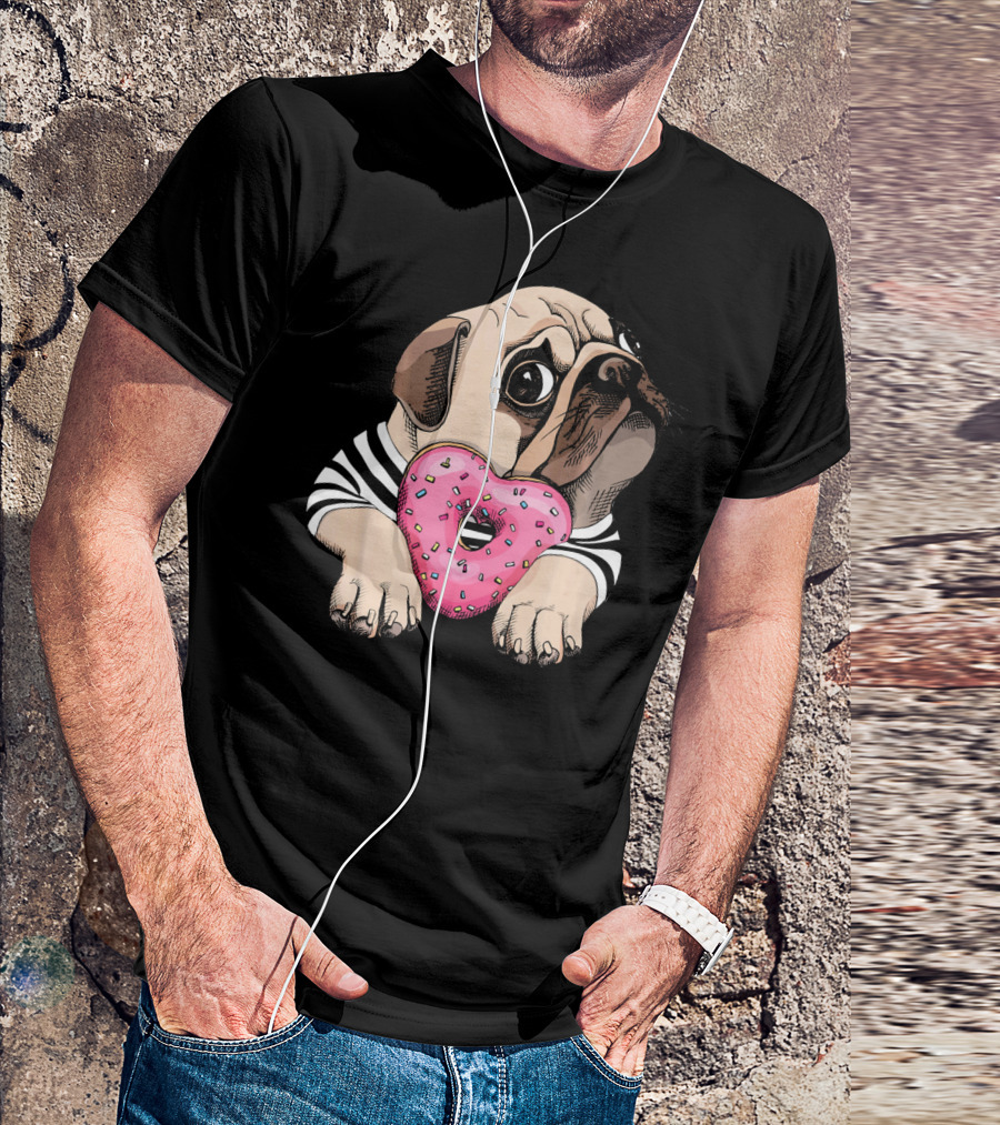 Adorable Pug With Pink Heart Donut And Striped T-Shirt