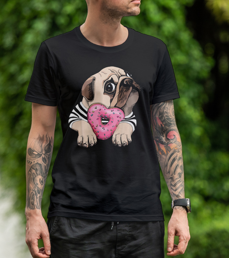 Adorable Pug With Pink Heart Donut And Striped T-Shirt