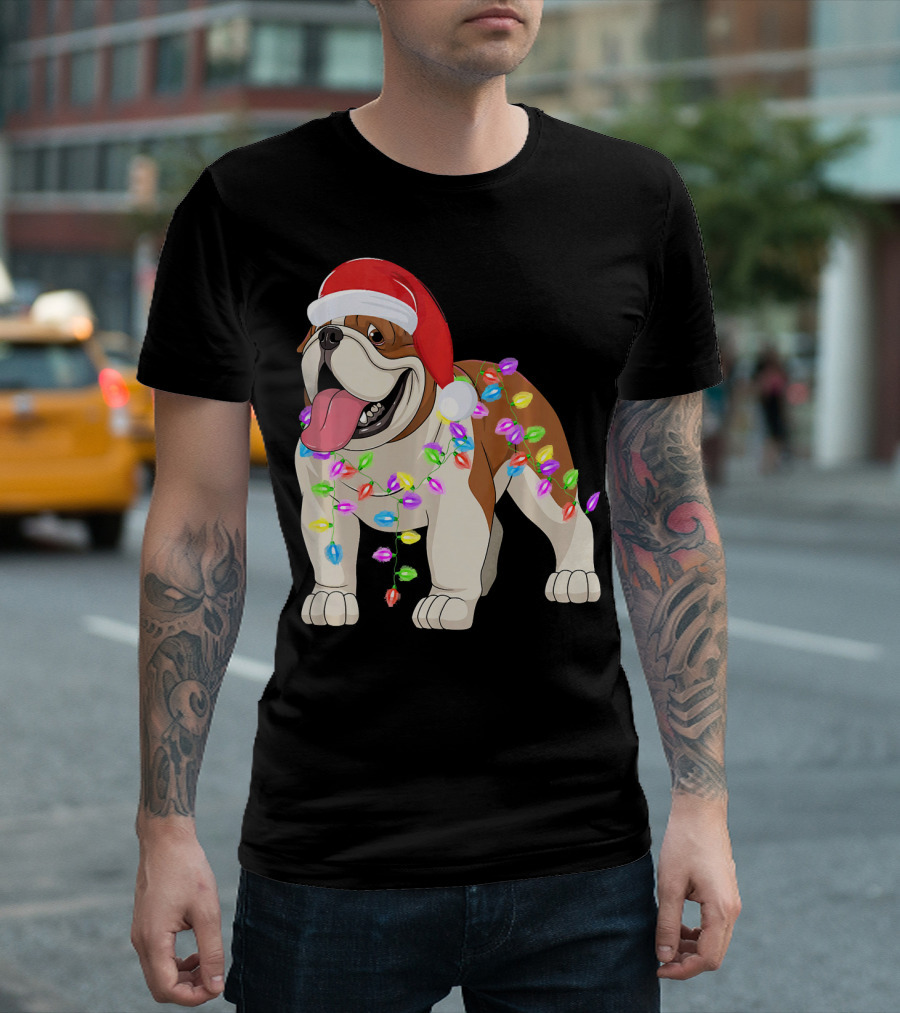 Christmas English Bulldog Santa Hat Festive Lights T-Shirt
