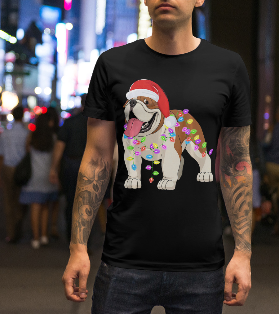 Christmas English Bulldog Santa Hat Festive Lights T-Shirt