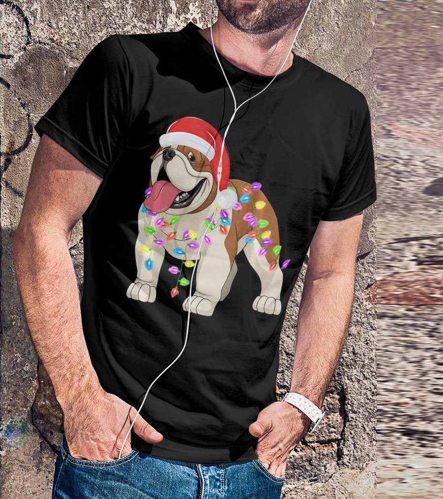 Christmas English Bulldog Santa Hat Festive Lights T-Shirt