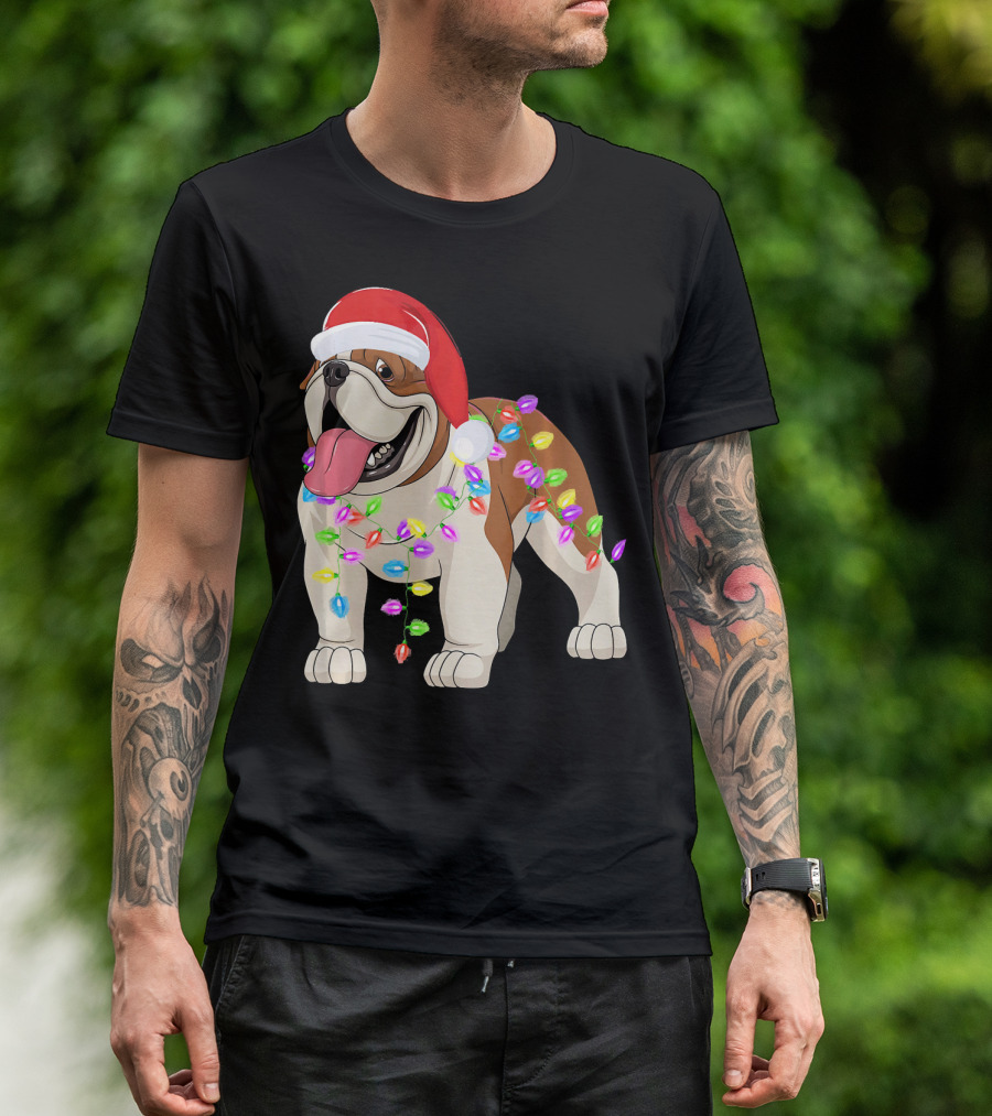 Christmas English Bulldog Santa Hat Festive Lights T-Shirt