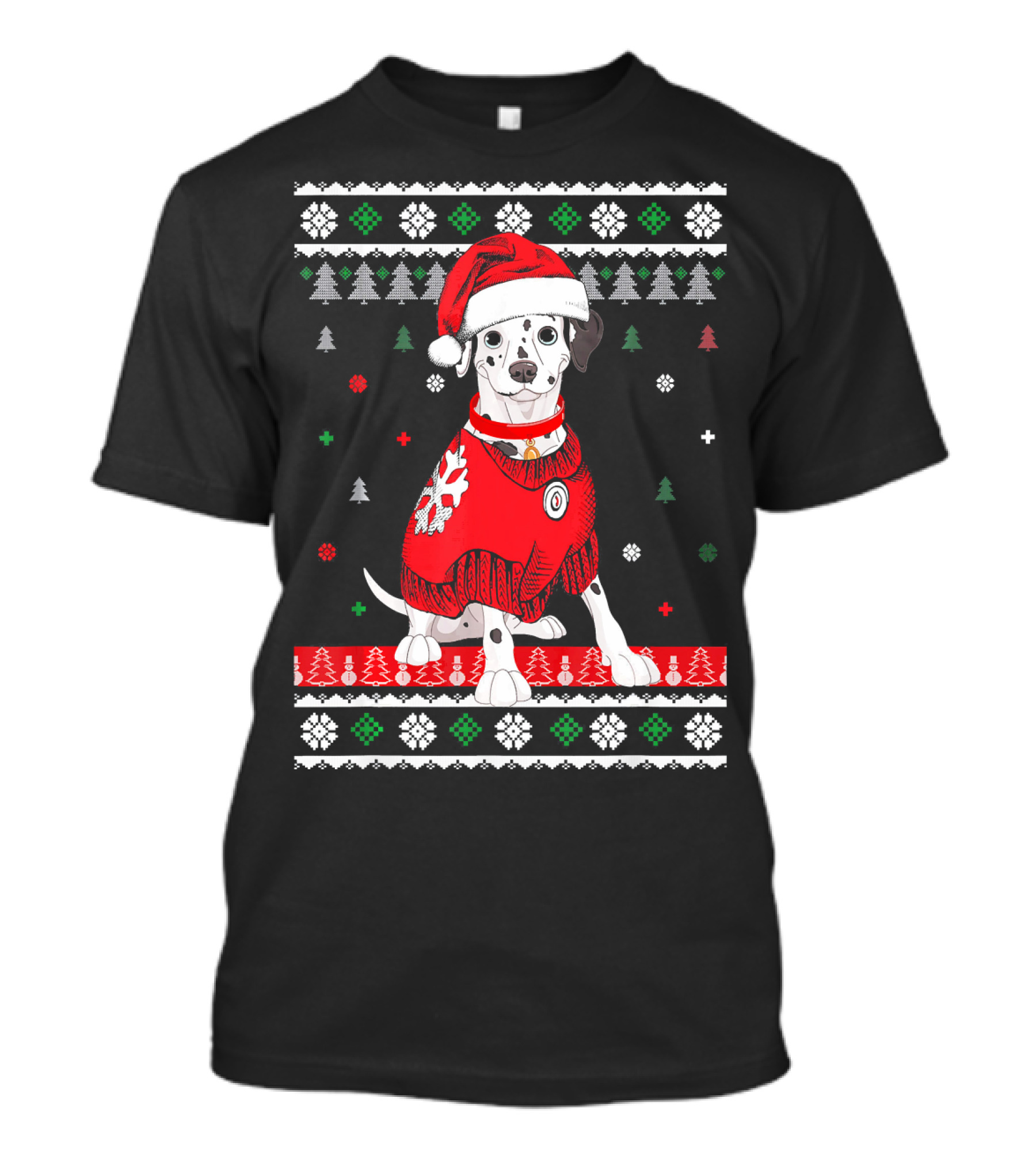 Cute Dalmatian In Santa Hat With Christmas Sweater And Holiday T-Shirt