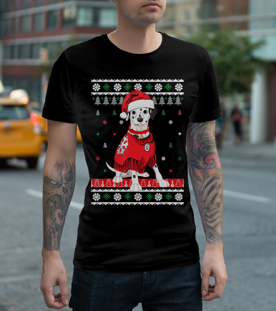 Cute Dalmatian In Santa Hat With Christmas Sweater And Holiday T-Shirt