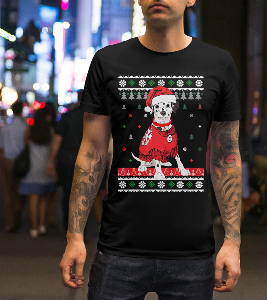 Cute Dalmatian In Santa Hat With Christmas Sweater And Holiday T-Shirt