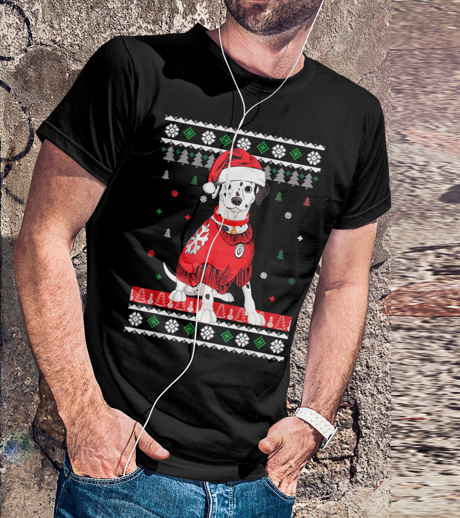 Cute Dalmatian In Santa Hat With Christmas Sweater And Holiday T-Shirt